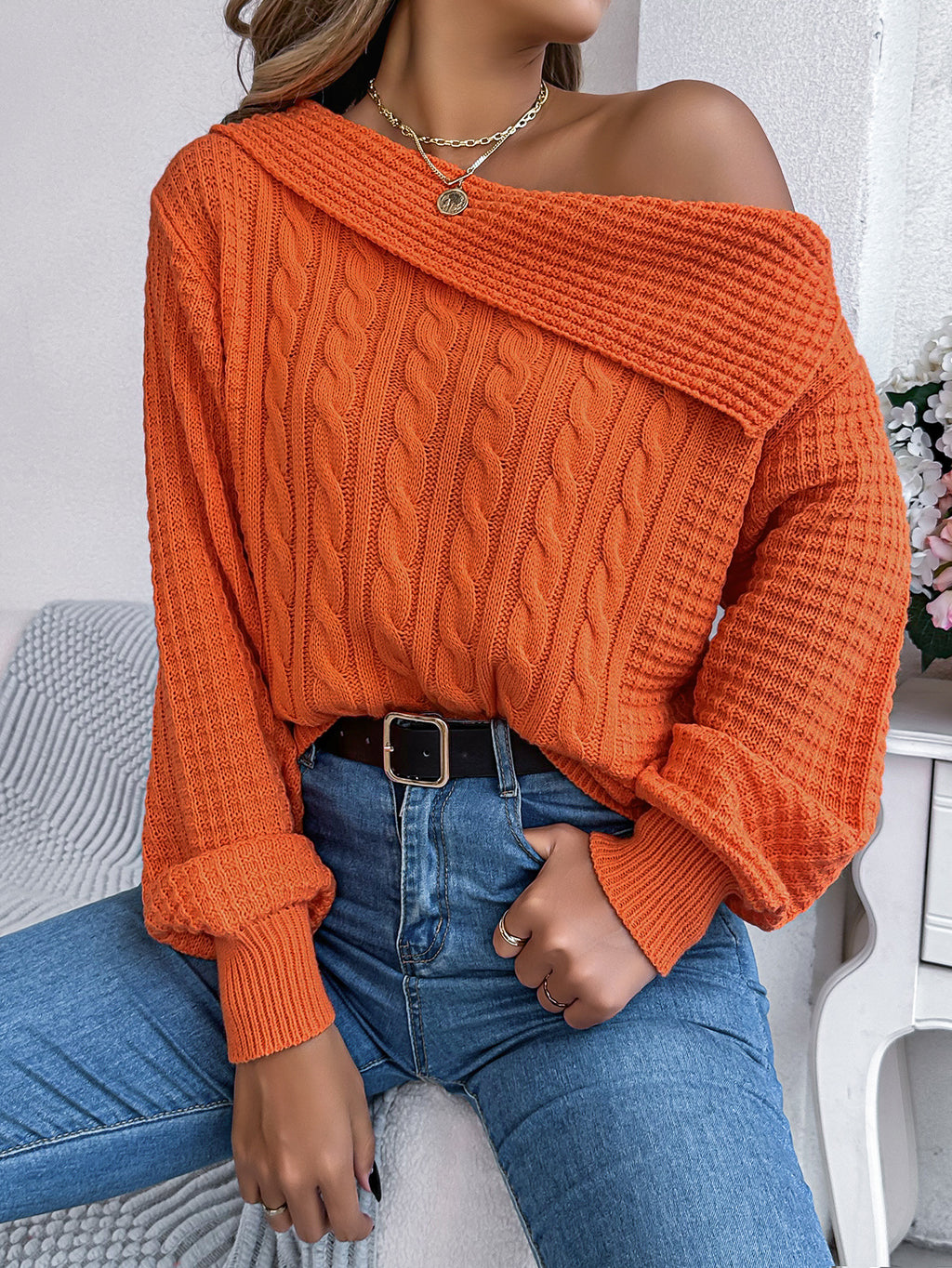 Off Shoulder Cable Knit Asymmetric Sweater - Orange - 1