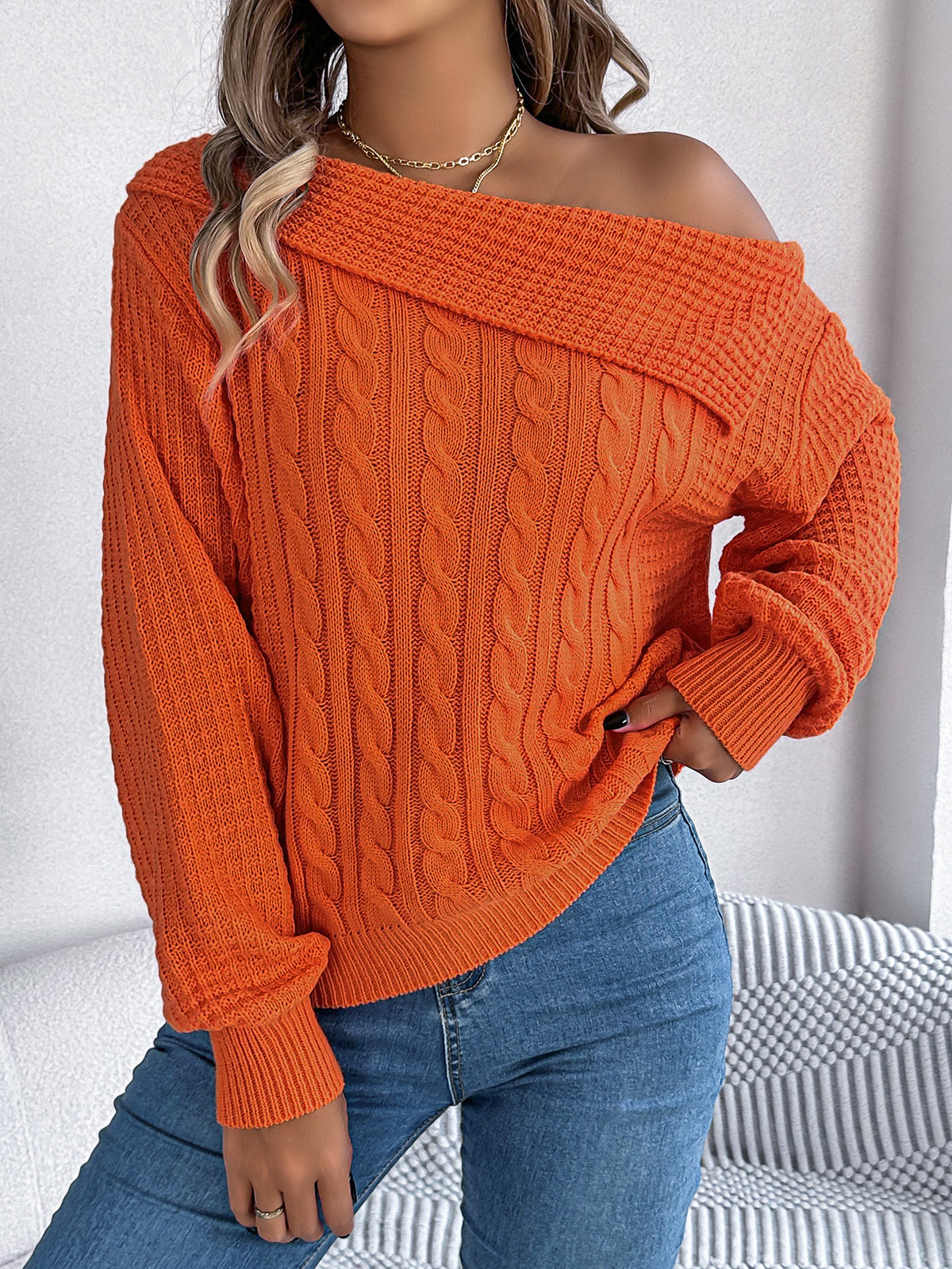 Off Shoulder Cable Knit Asymmetric Sweater - Orange - 2