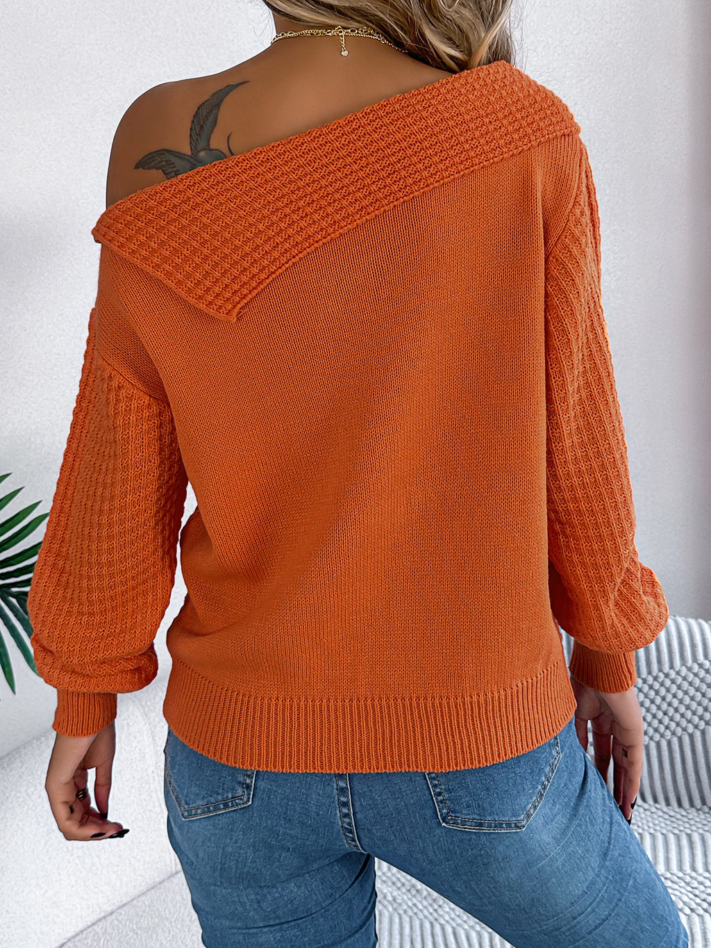 Off Shoulder Cable Knit Asymmetric Sweater - Orange - 3