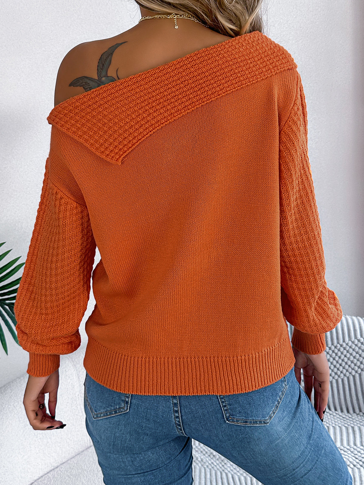 Off Shoulder Cable Knit Asymmetric Sweater - Orange - 3