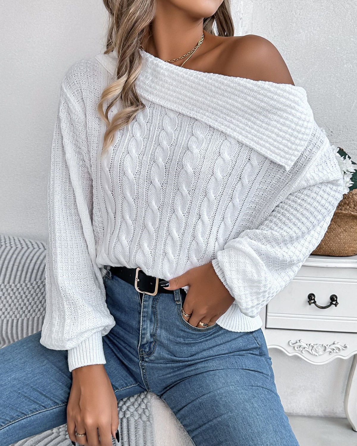Off Shoulder Cable Knit Asymmetric Sweater - White - 1