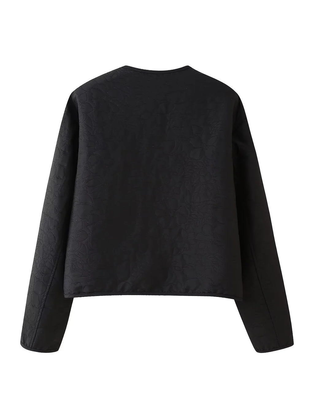 Collarless Floral Quilted Cropped Jacket - Black