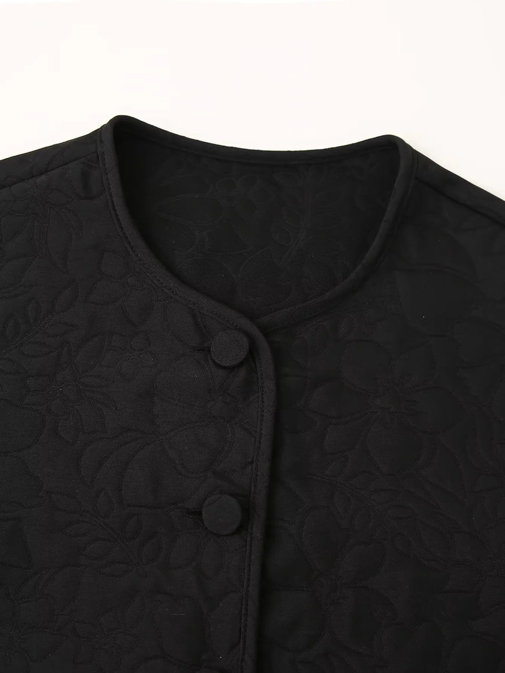 Collarless Floral Quilted Cropped Jacket - Black - 1