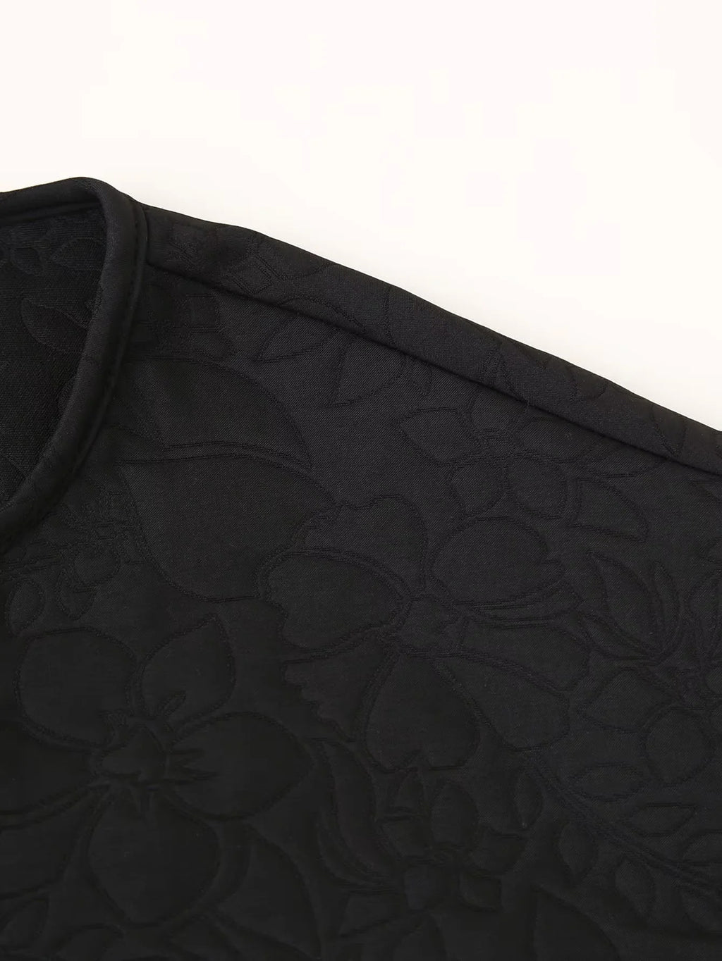 Collarless Floral Quilted Cropped Jacket - Black - 2