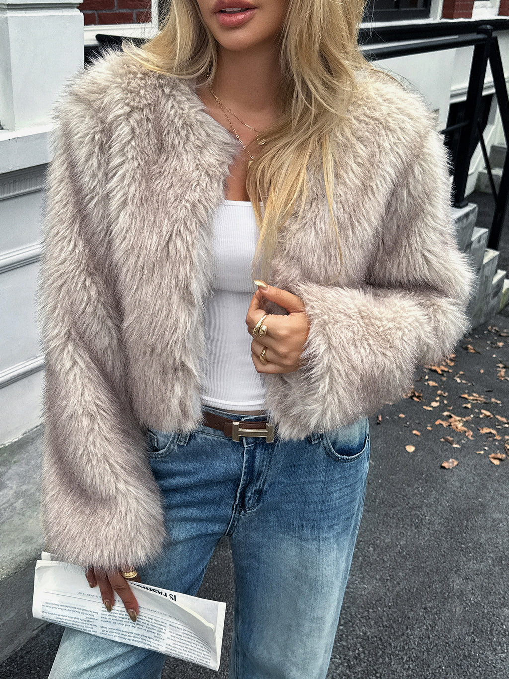 Cropped Faux Fur Collarless Winter Coat - Apricot