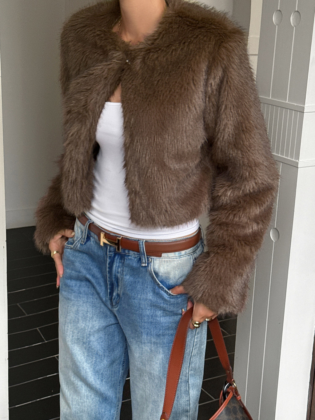 Cropped Faux Fur Collarless Winter Coat - Coffee - 1