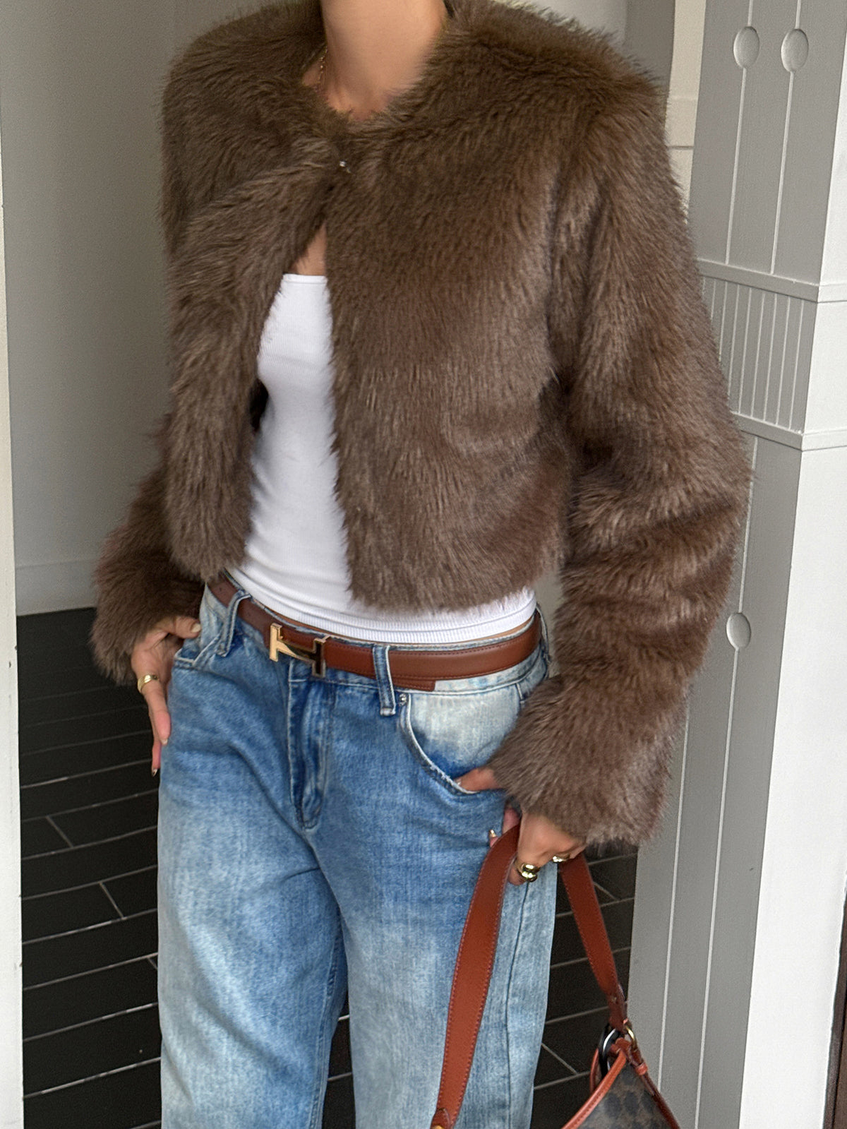 Cropped Faux Fur Collarless Winter Coat - Coffee - 1