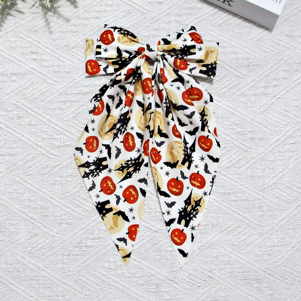 Halloween Pumpkin Print Long Tail Bow Barrette - Beige