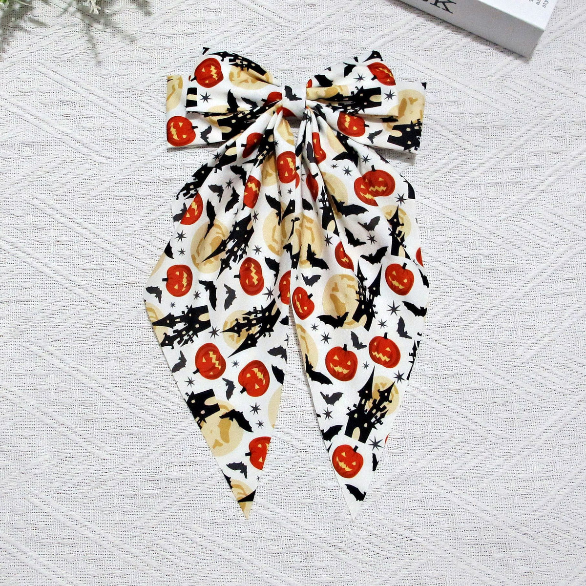 Halloween Pumpkin Print Long Tail Bow Barrette - Beige
