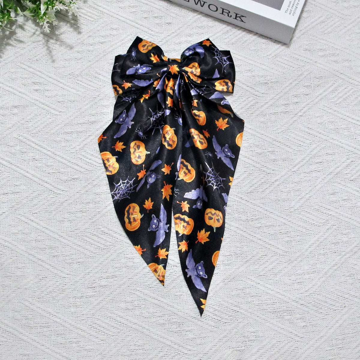 Halloween Pumpkin Print Long Tail Bow Barrette - Black