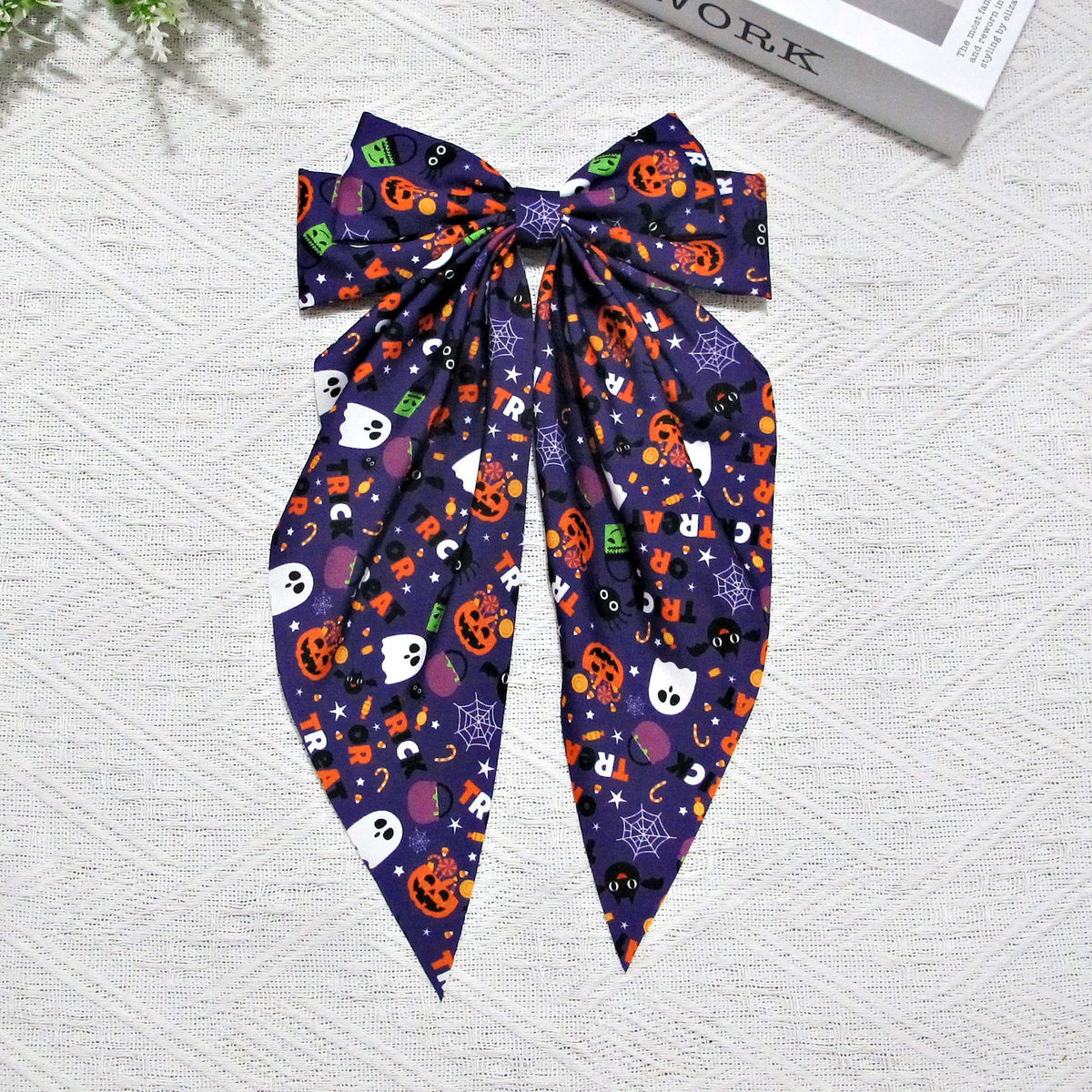 Halloween Pumpkin Print Long Tail Bow Barrette - DarkPurple