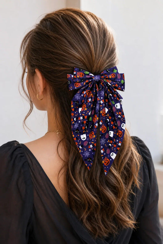 Halloween Pumpkin Print Long Tail Bow Barrette - DarkPurple - 1