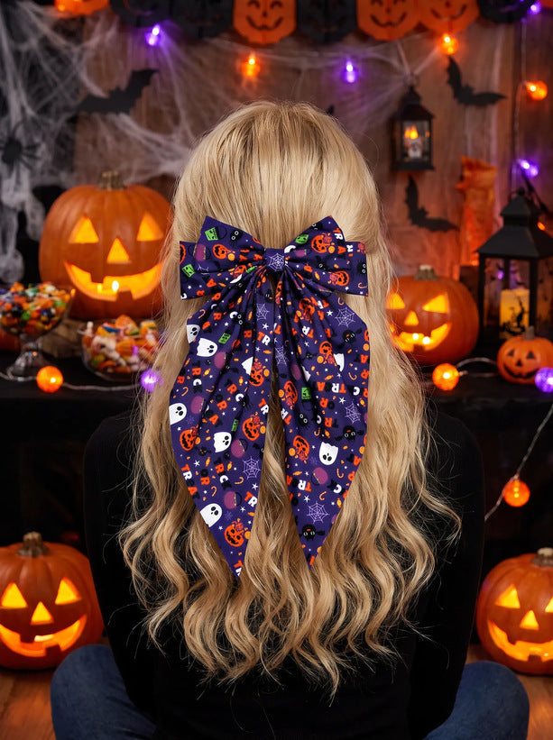 Halloween Pumpkin Print Long Tail Bow Barrette - DarkPurple - 2