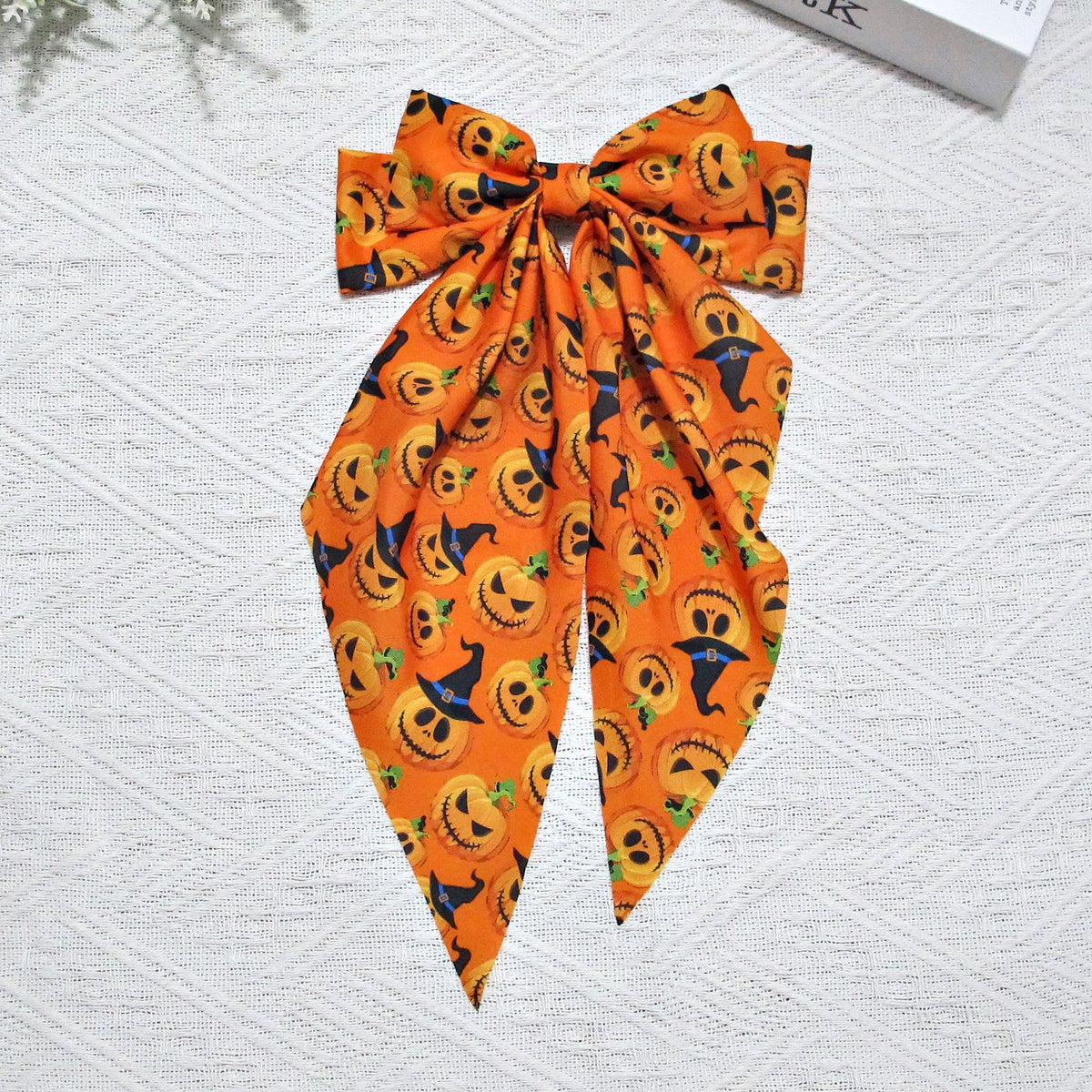 Halloween Pumpkin Print Long Tail Bow Barrette - Orange