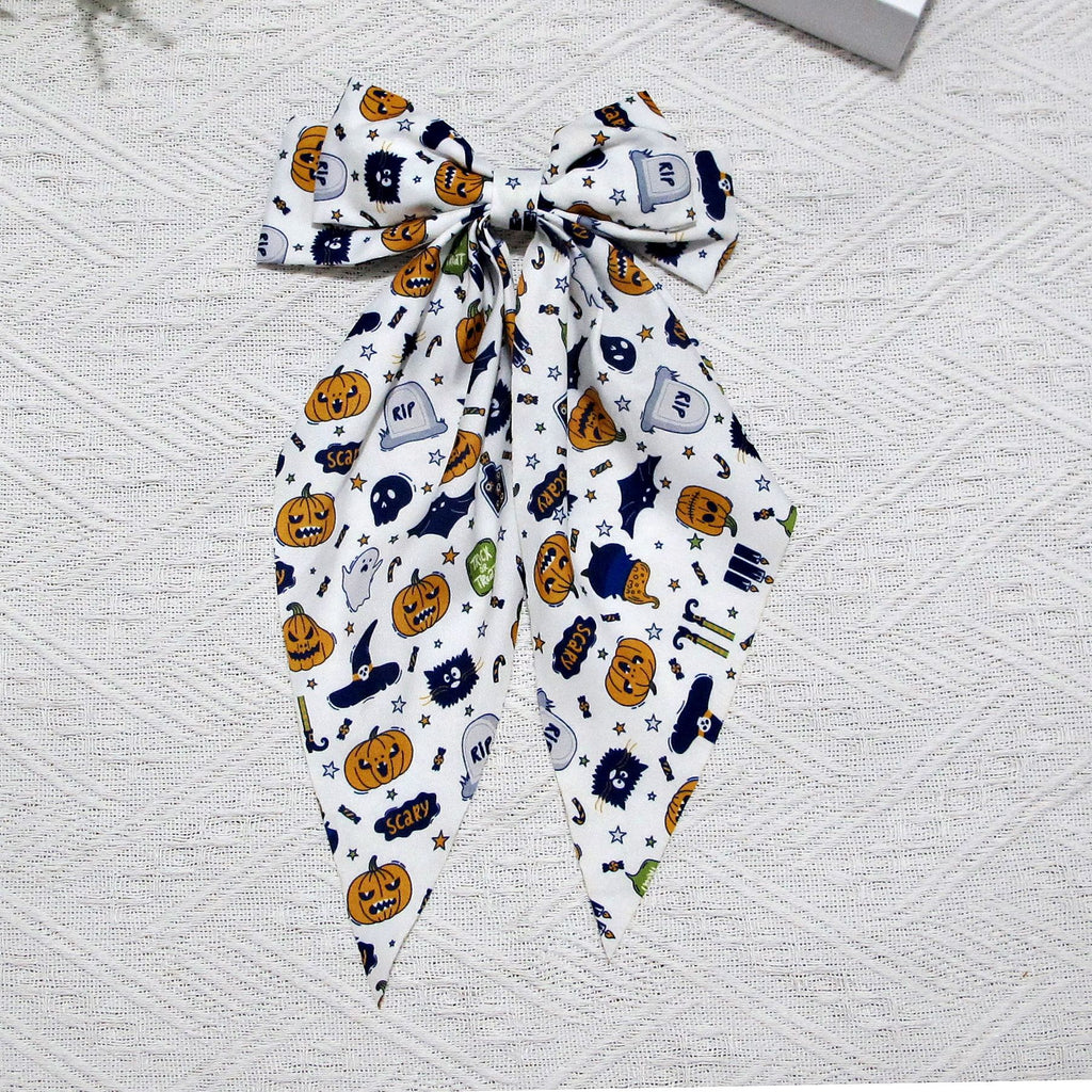 Halloween Pumpkin Print Long Tail Bow Barrette - White