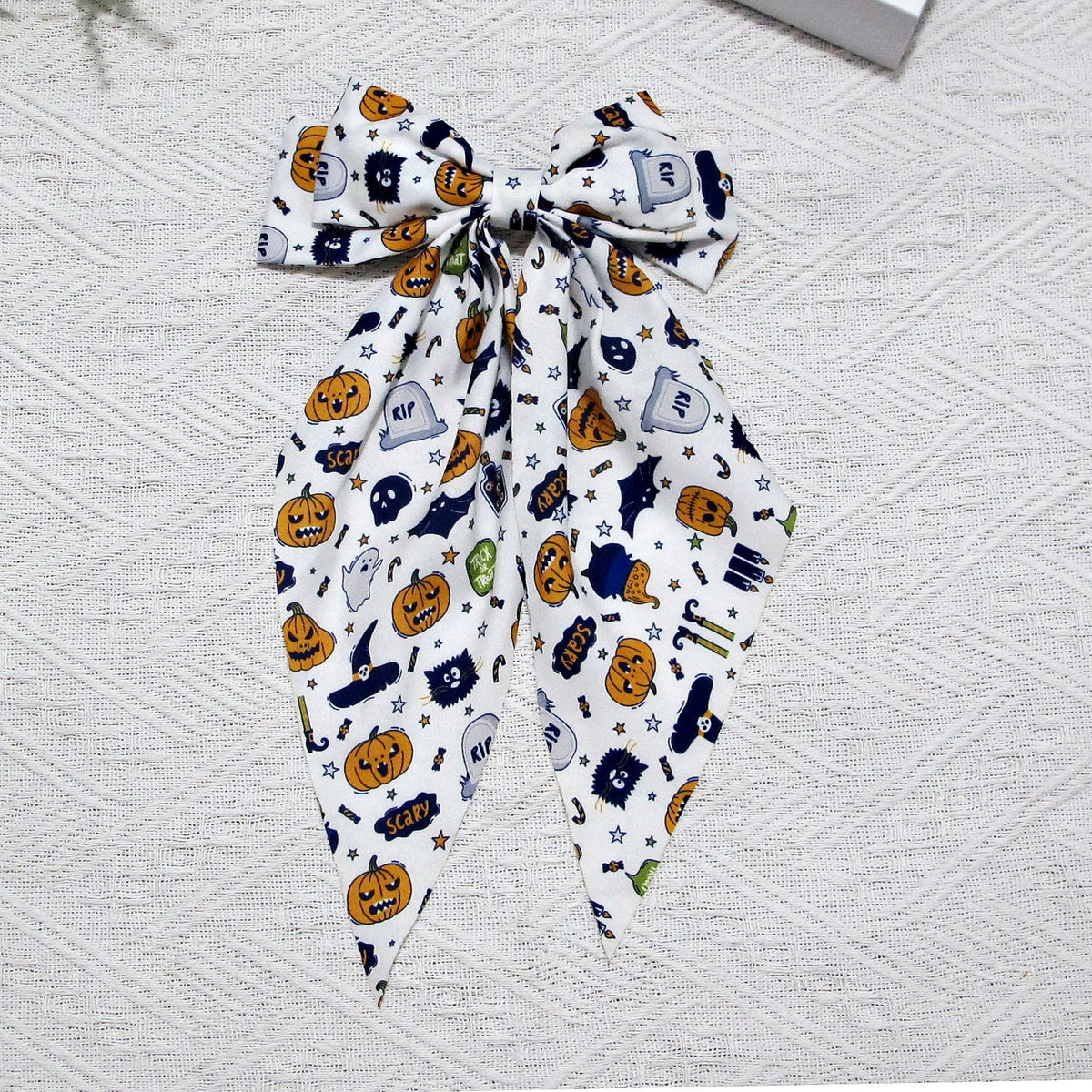 Halloween Pumpkin Print Long Tail Bow Barrette - White
