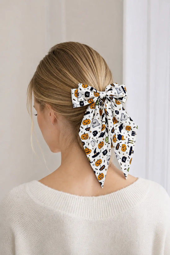 Halloween Pumpkin Print Long Tail Bow Barrette - White - 1