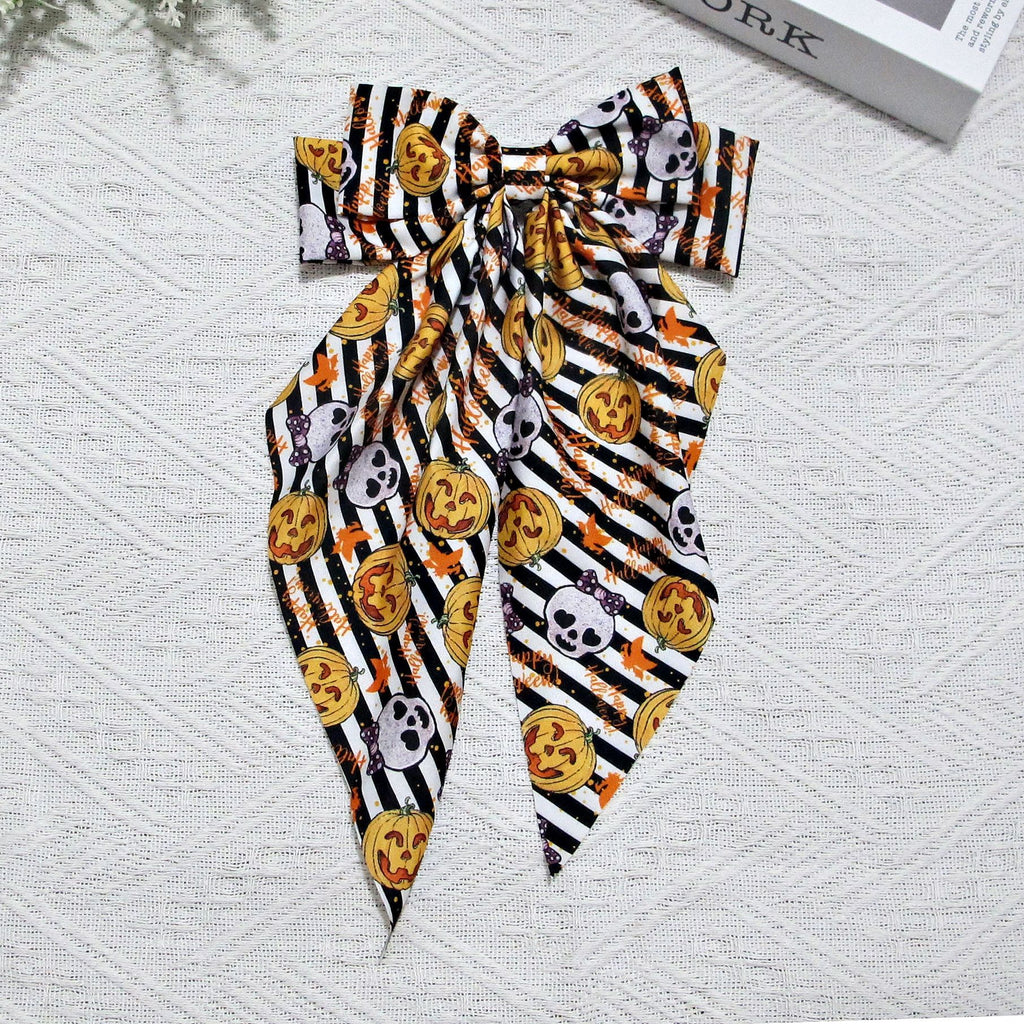 Halloween Pumpkin Print Long Tail Bow Barrette - Yellow