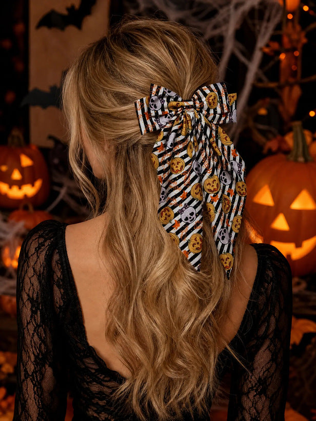 Halloween Pumpkin Print Long Tail Bow Barrette - Yellow - 1