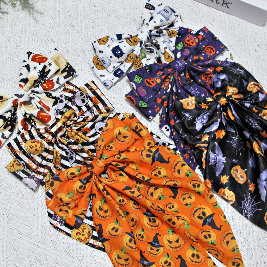 Halloween Pumpkin Print Long Tail Bow Barrette