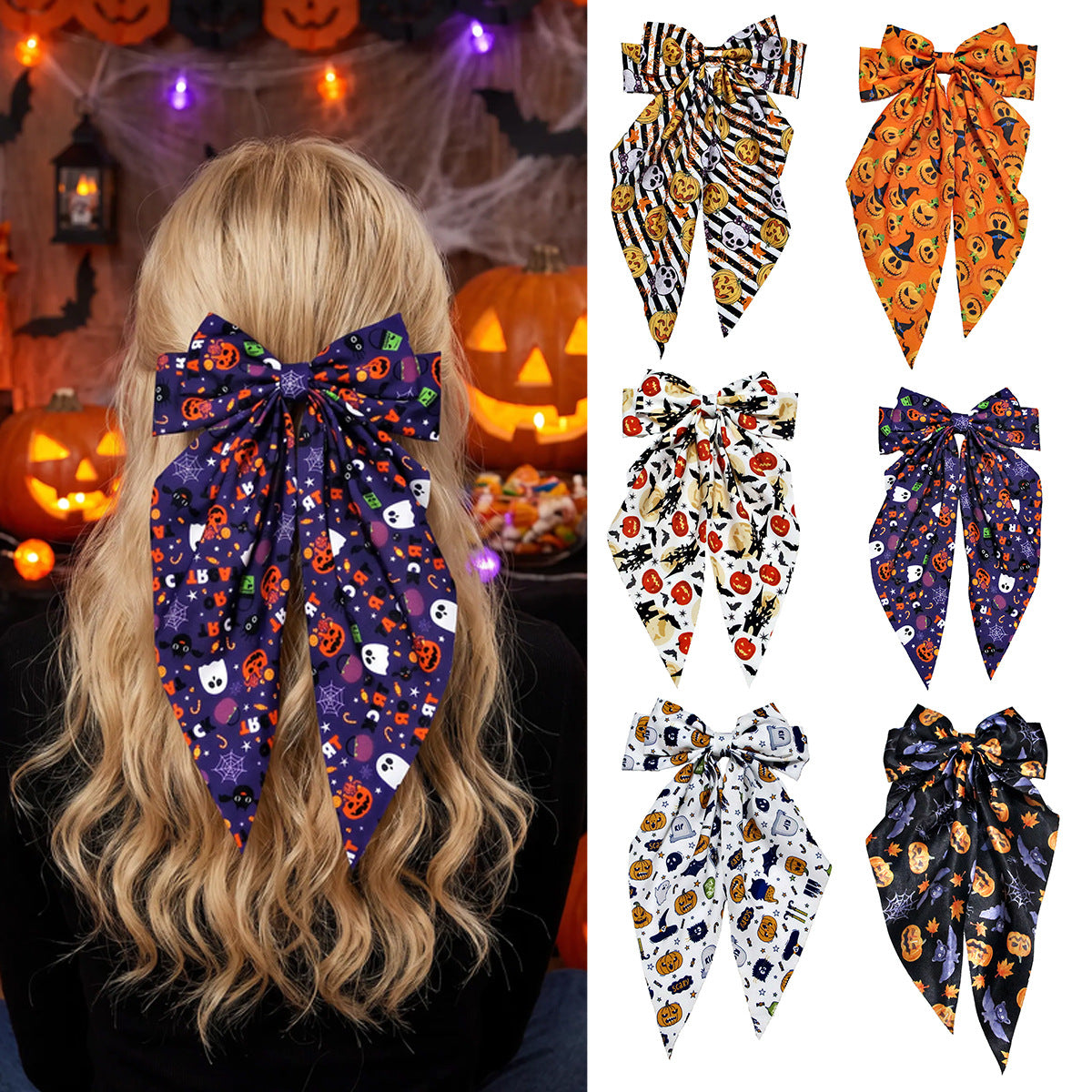 Halloween Pumpkin Print Long Tail Bow Barrette - view 2