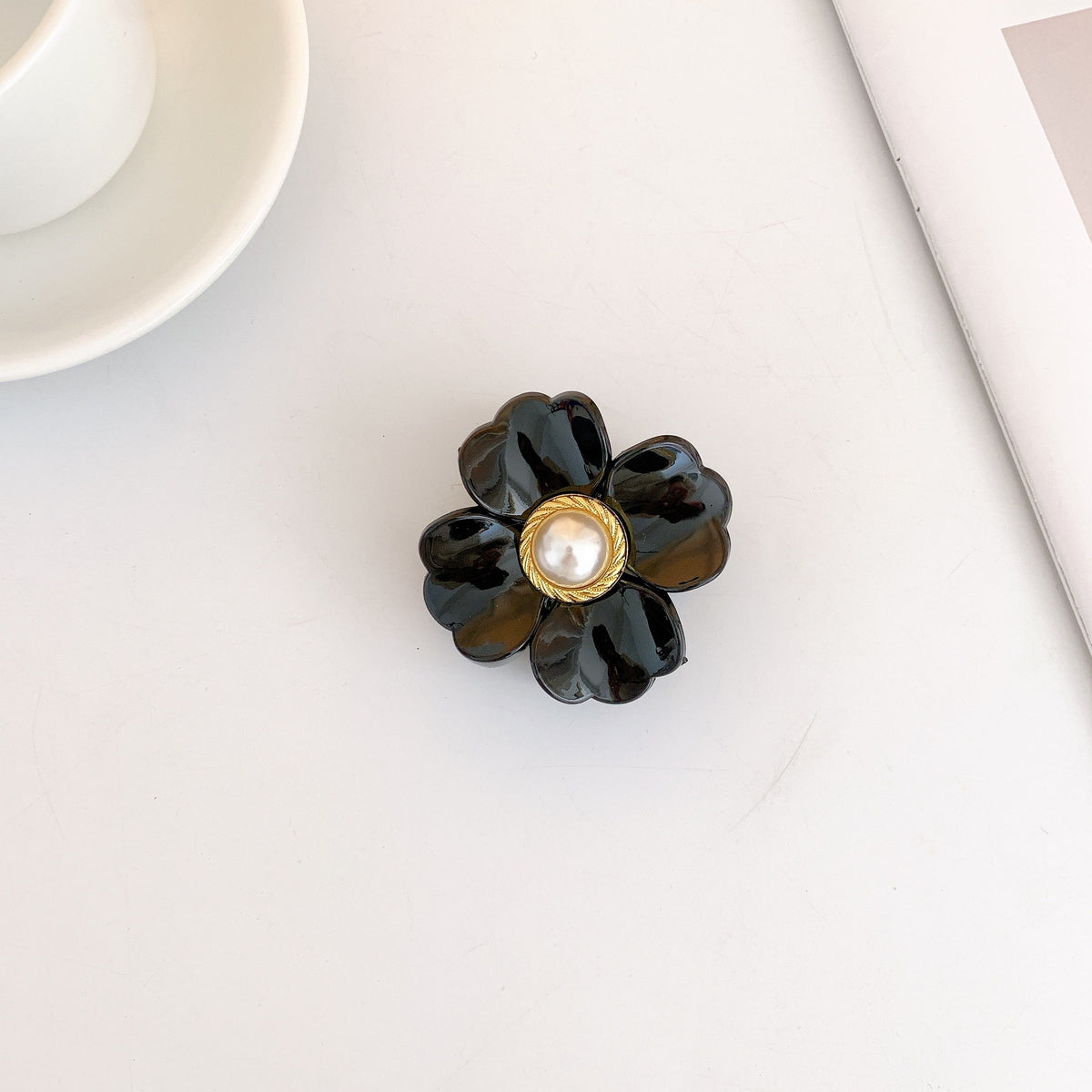 Pearl Centre Flower Hair Claw Clip - Black