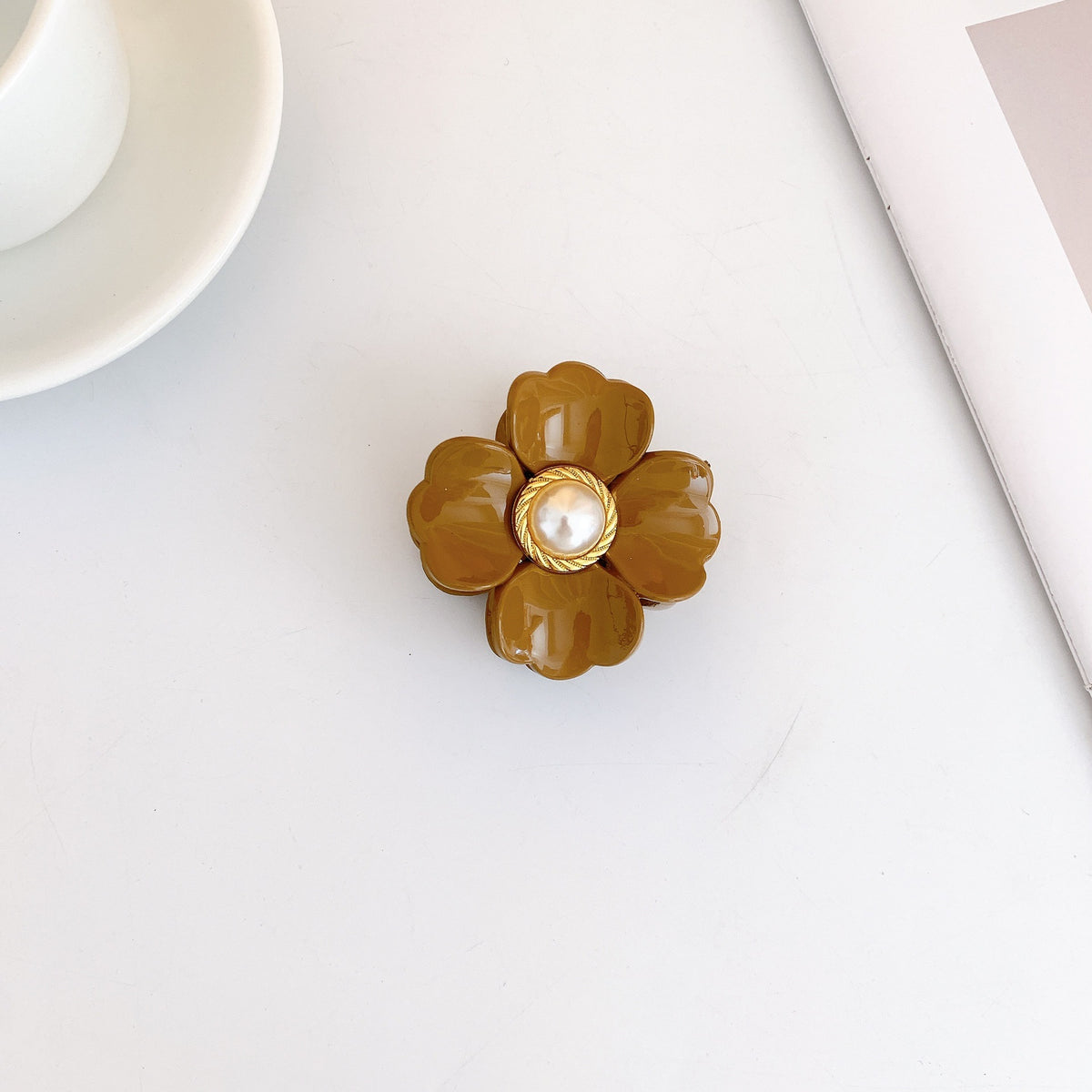 Pearl Centre Flower Hair Claw Clip - Coffee