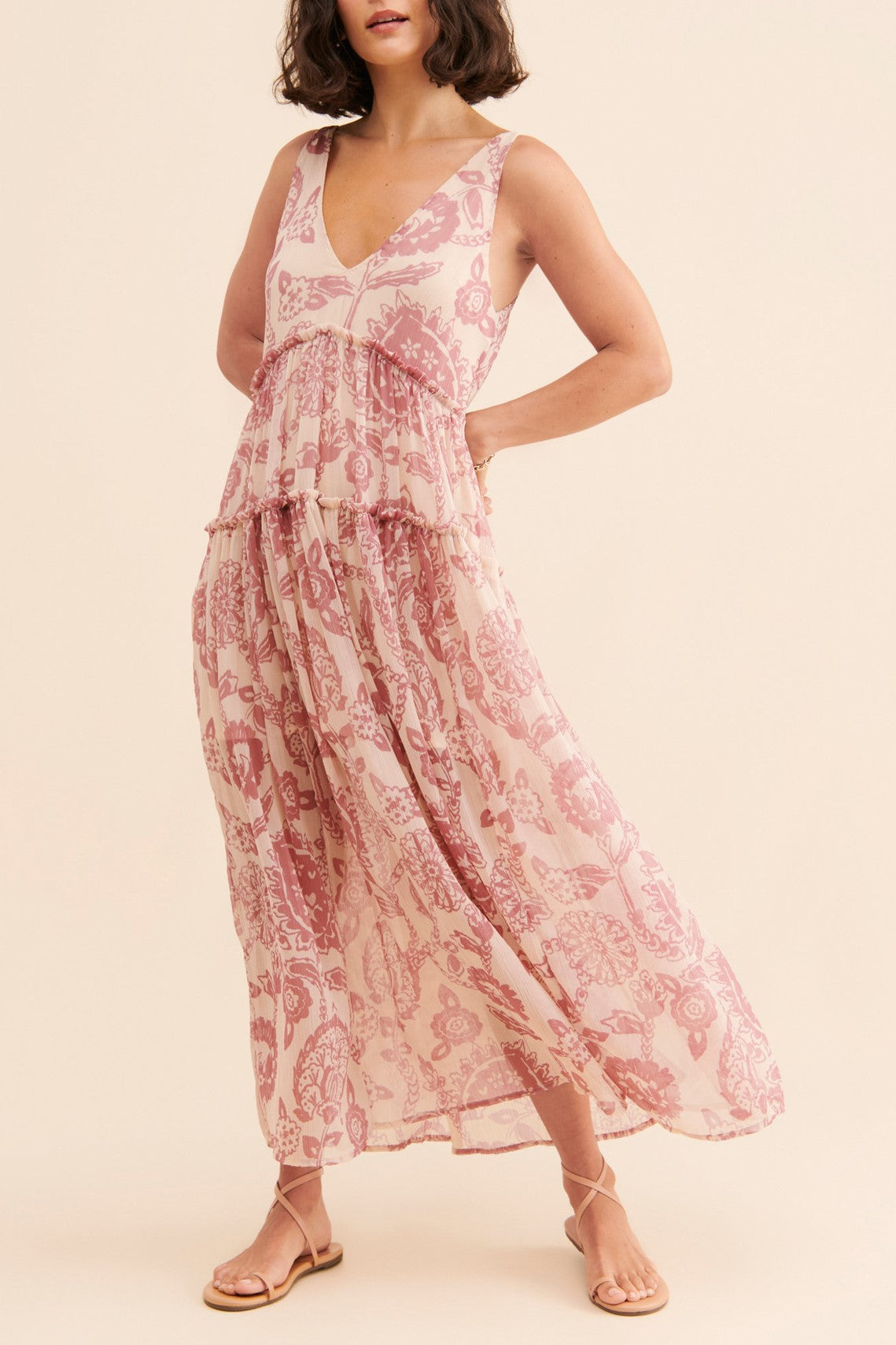 Sheer Floral Tiered V Neck Maxi Dress - rosewood