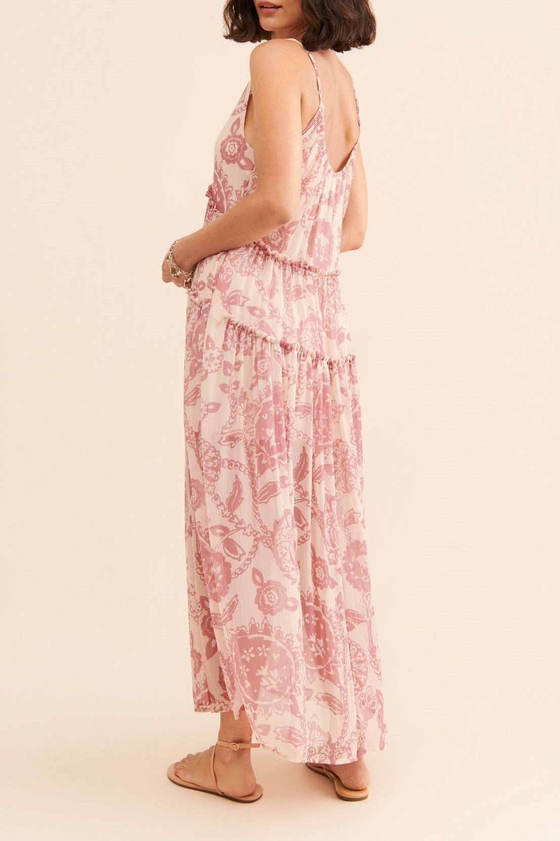 Sheer Floral Tiered V Neck Maxi Dress - rosewood - 3