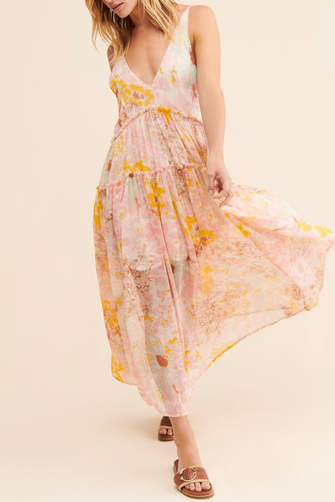 Sheer Floral Tiered V Neck Maxi Dress - yellow