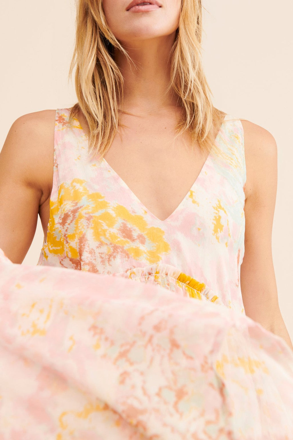 Sheer Floral Tiered V Neck Maxi Dress - yellow - 1