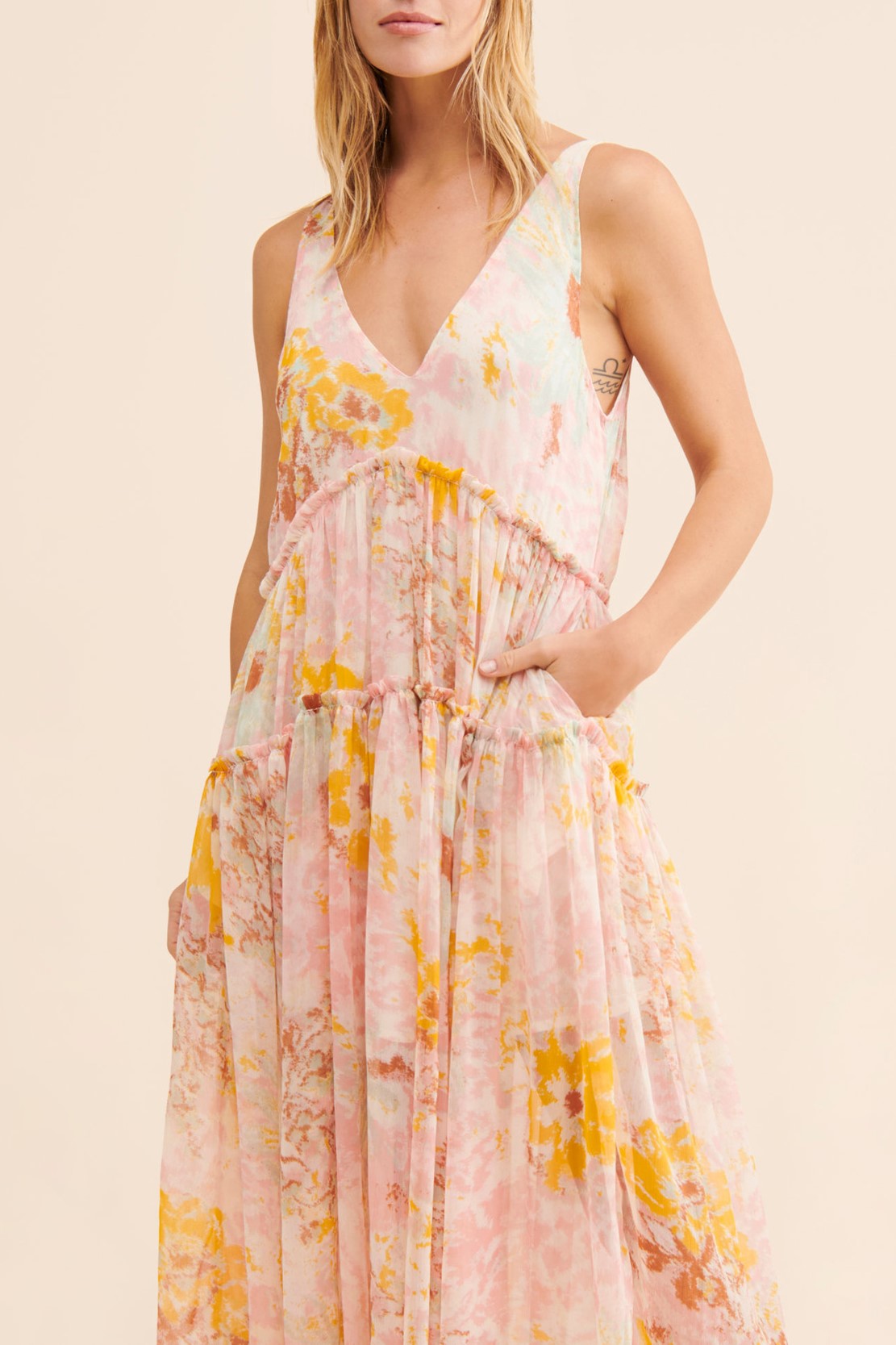 Sheer Floral Tiered V Neck Maxi Dress - yellow - 2