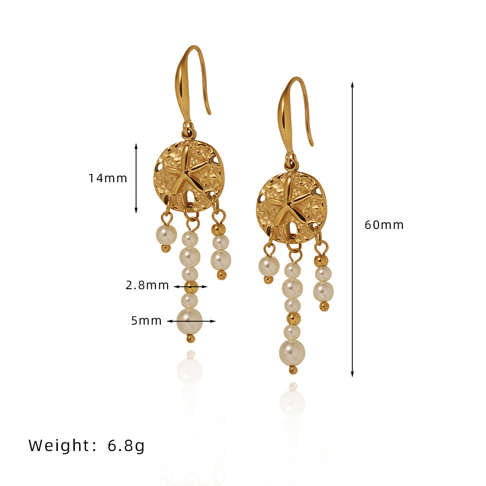 Textured Disc Pearl Fringe Drop Earrings - Gold