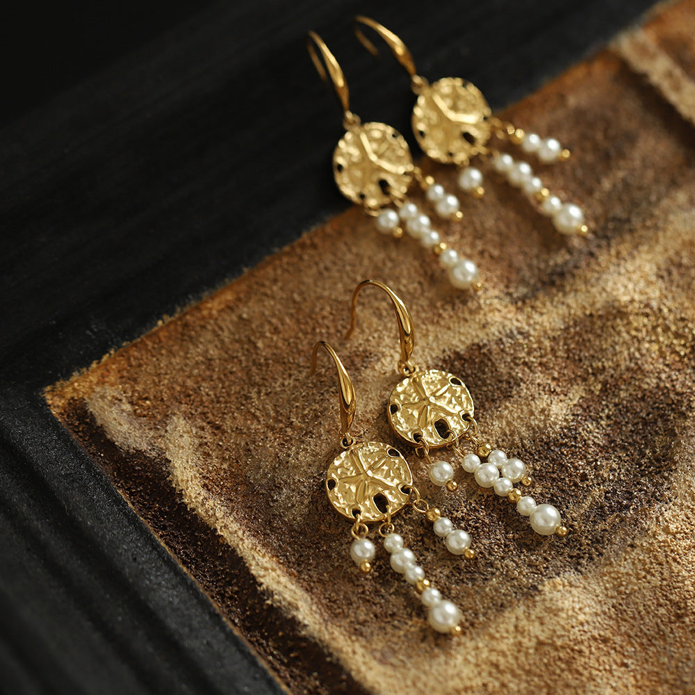 Textured Disc Pearl Fringe Drop Earrings - Gold - 1