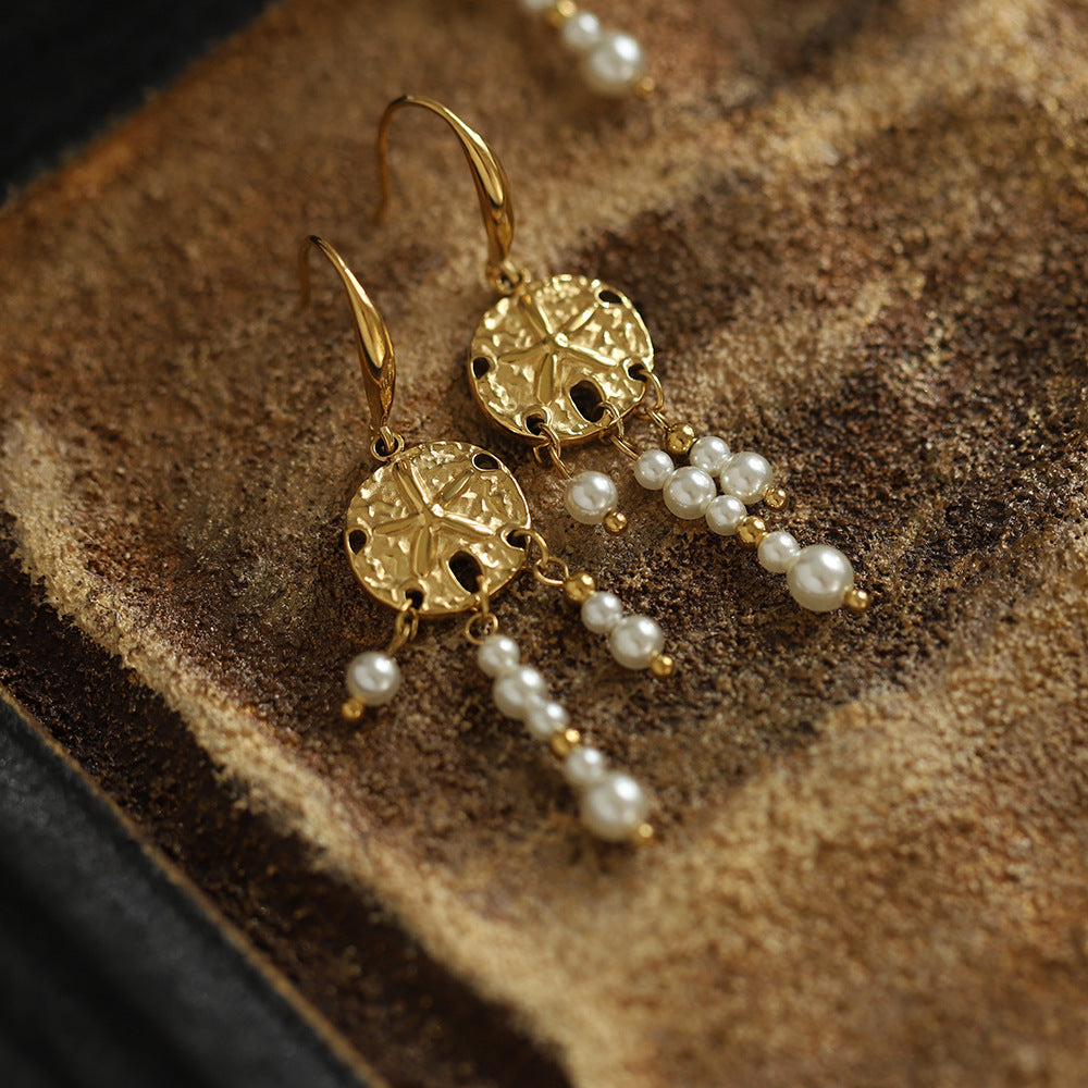 Textured Disc Pearl Fringe Drop Earrings - Gold - 2