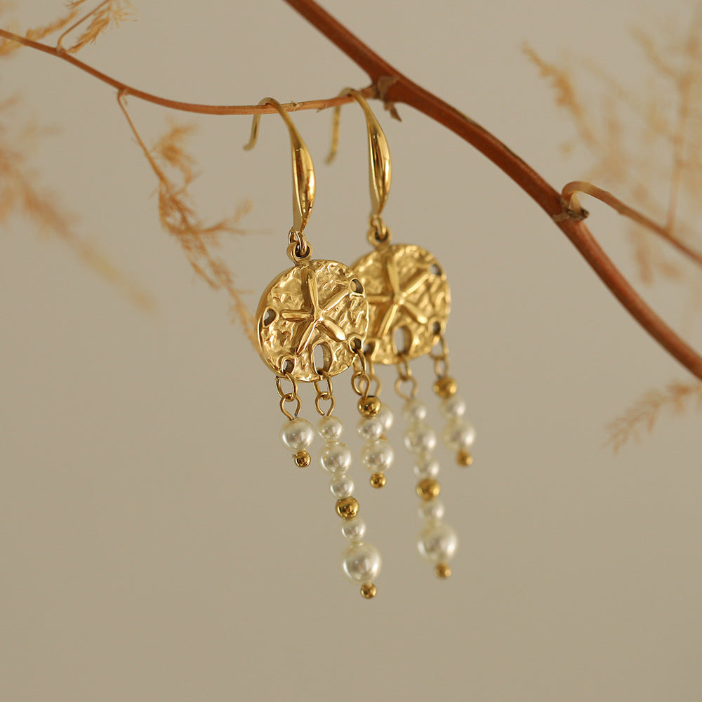 Textured Disc Pearl Fringe Drop Earrings - Gold - 3