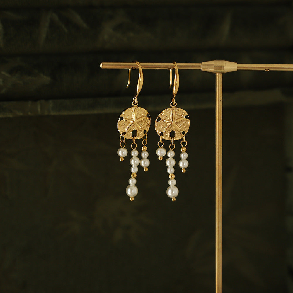 Textured Disc Pearl Fringe Drop Earrings - Gold - 4