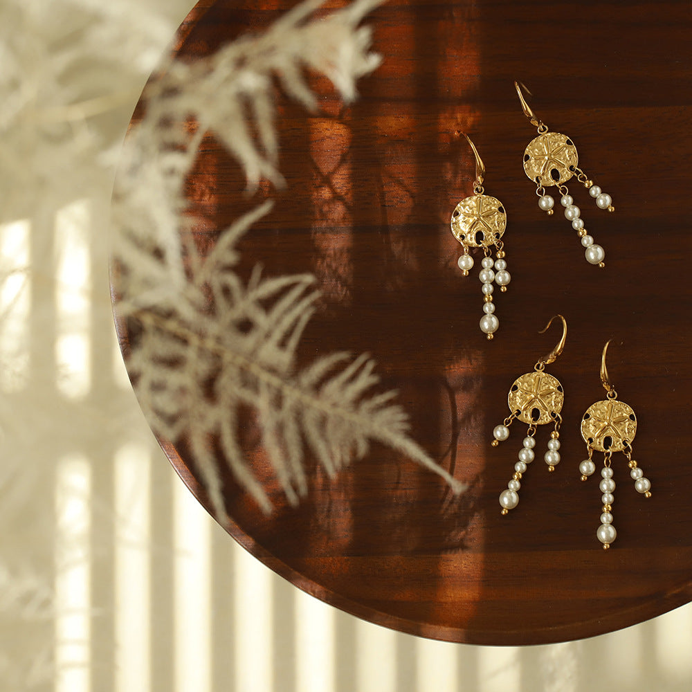 Textured Disc Pearl Fringe Drop Earrings - Gold - 5