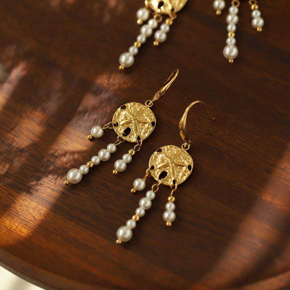 Textured Disc Pearl Fringe Drop Earrings - Gold - 6
