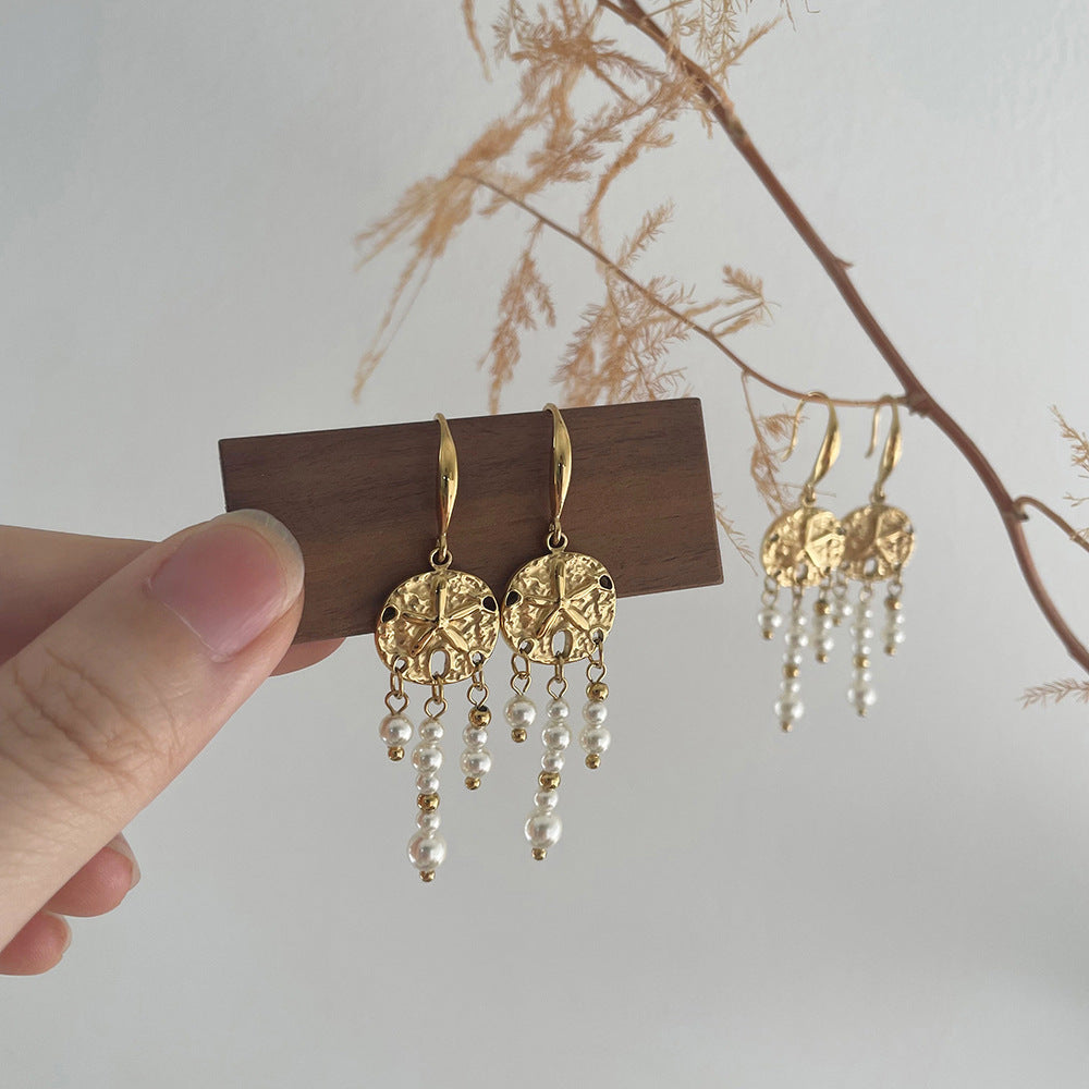Textured Disc Pearl Fringe Drop Earrings - Gold - 7