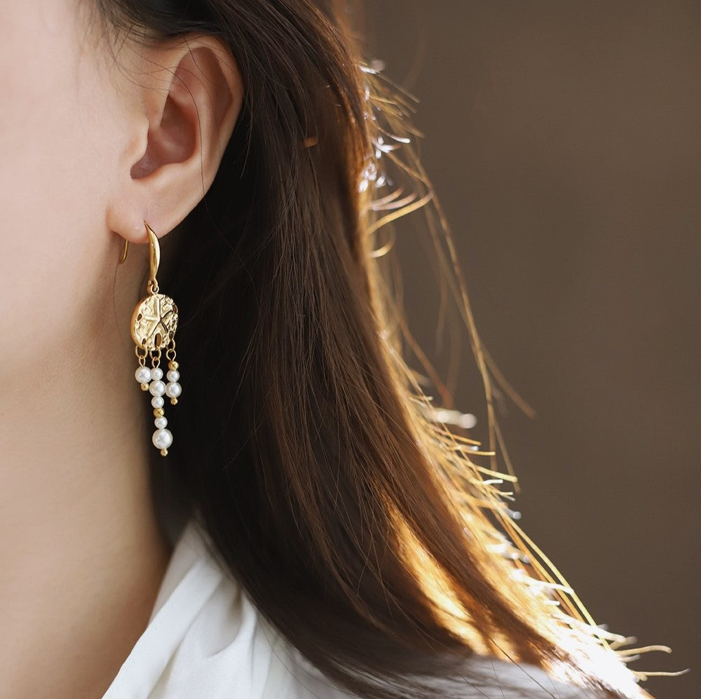 Textured Disc Pearl Fringe Drop Earrings - Gold - 9