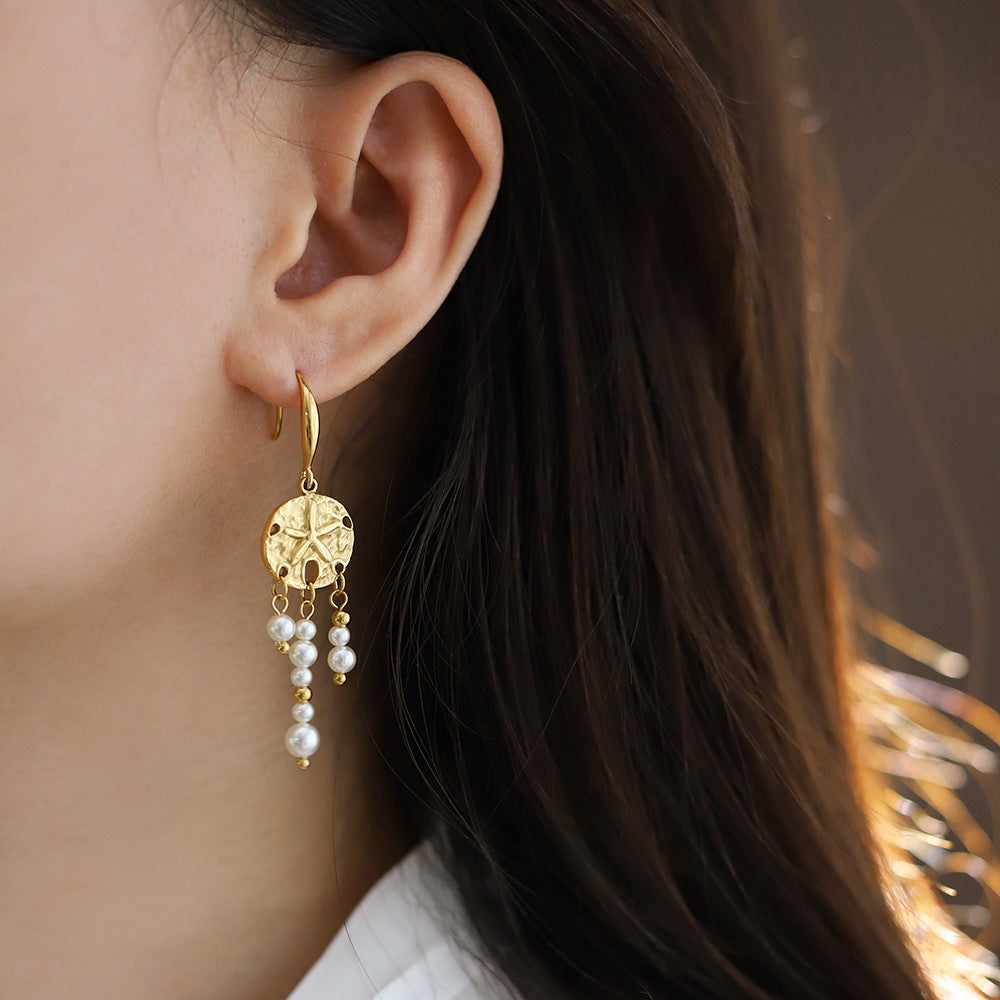 Textured Disc Pearl Fringe Drop Earrings - view 1