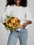 Round Neck Bow Front Balloon Sleeve Blouse - White
