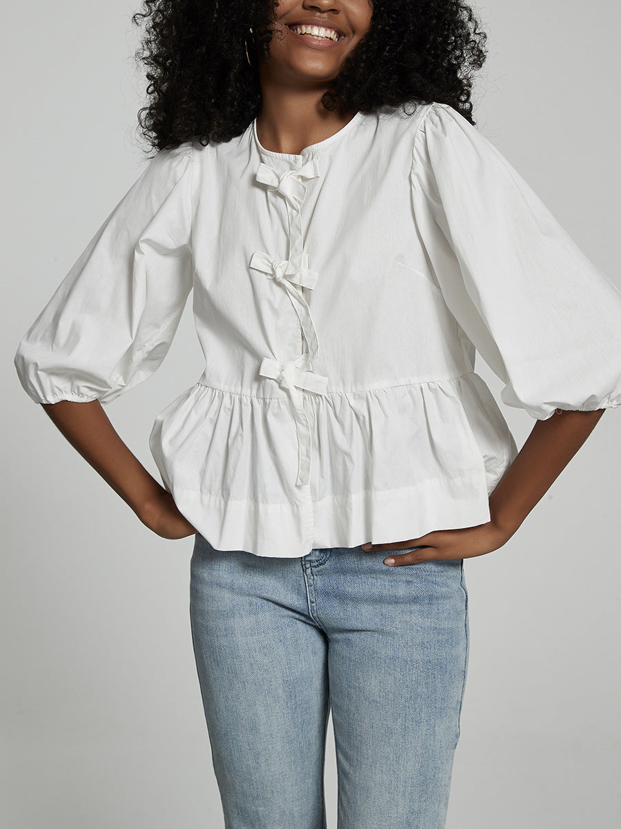 Round Neck Bow Front Balloon Sleeve Blouse - White - 1