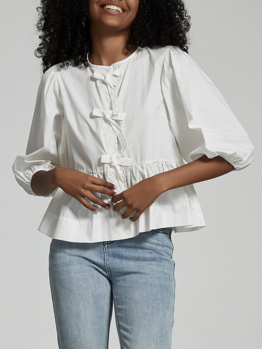 Round Neck Bow Front Balloon Sleeve Blouse - White - 2
