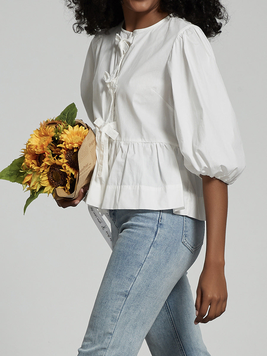 Round Neck Bow Front Balloon Sleeve Blouse - White - 3