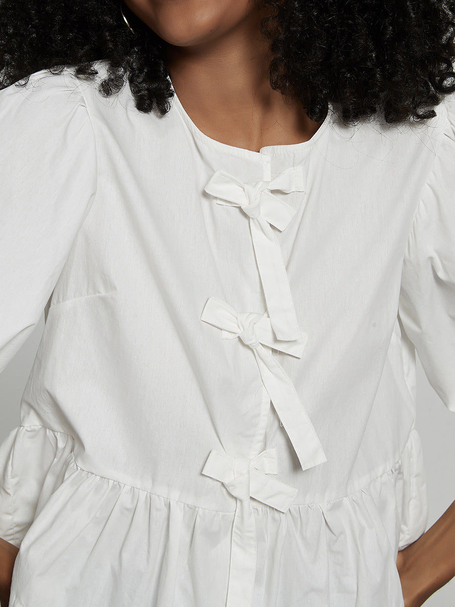 Round Neck Bow Front Balloon Sleeve Blouse - White - 4
