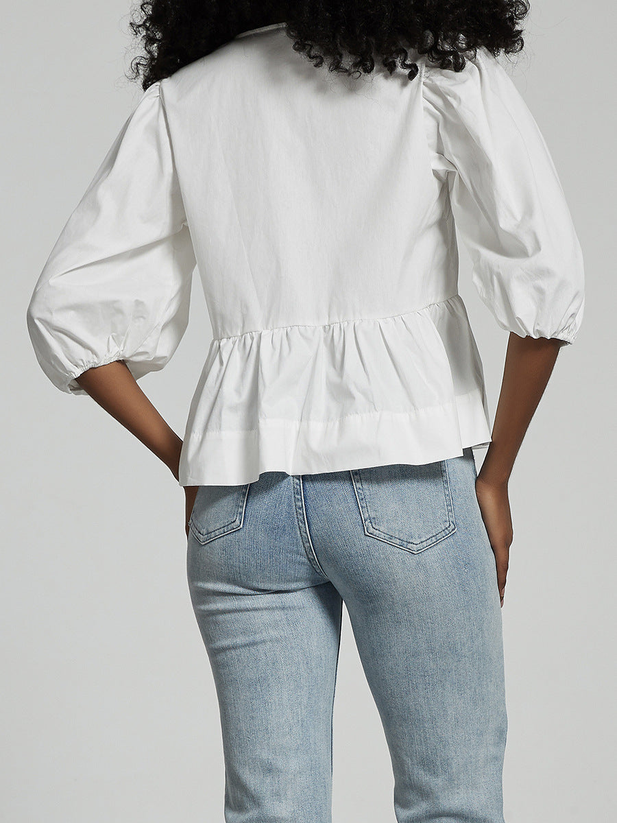 Round Neck Bow Front Balloon Sleeve Blouse - White - 5