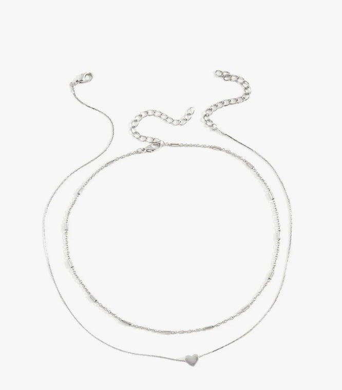 Double Layer Tiny Heart Chain Necklace - Silver