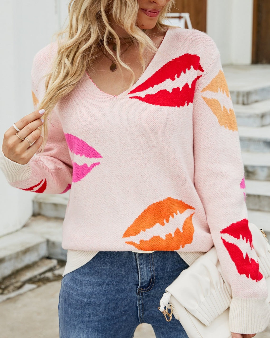 Lips Print V Neck Pullover Sweater - Pink